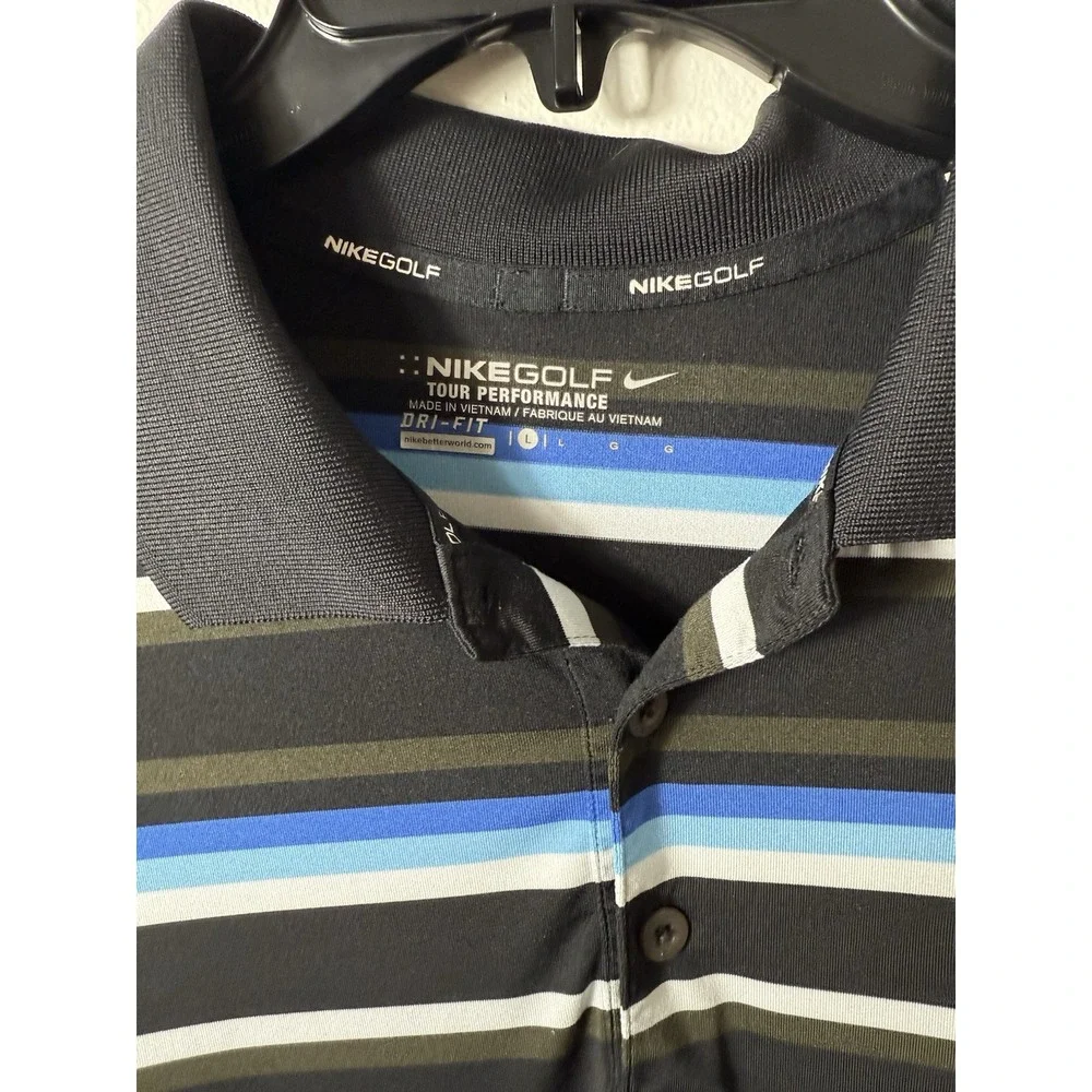 Nike Tour Performance Golf Polo Large Polyester Blue Striped Dri-FIT Sporty‎